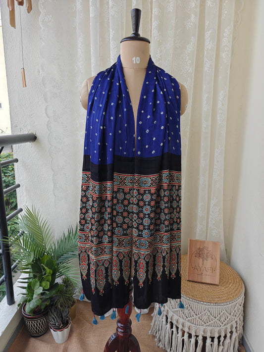 Indigo - Black Handblock Printed Modal Bandhani-Ajrakh Stole