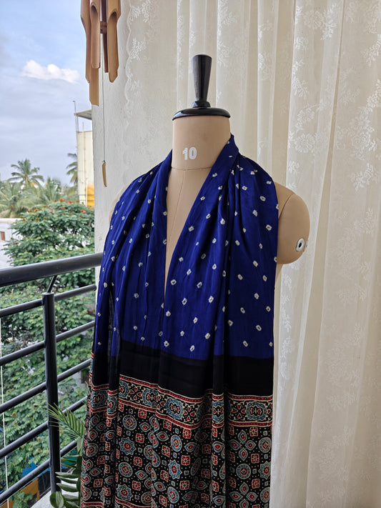 Indigo - Black Handblock Printed Modal Bandhani-Ajrakh Stole