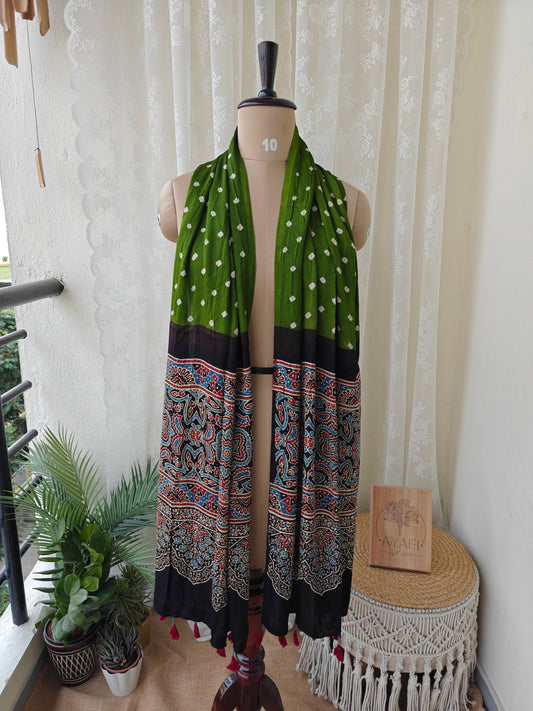 Green-Black Handblock Printed Modal Bandhani-Ajrakh Stole
