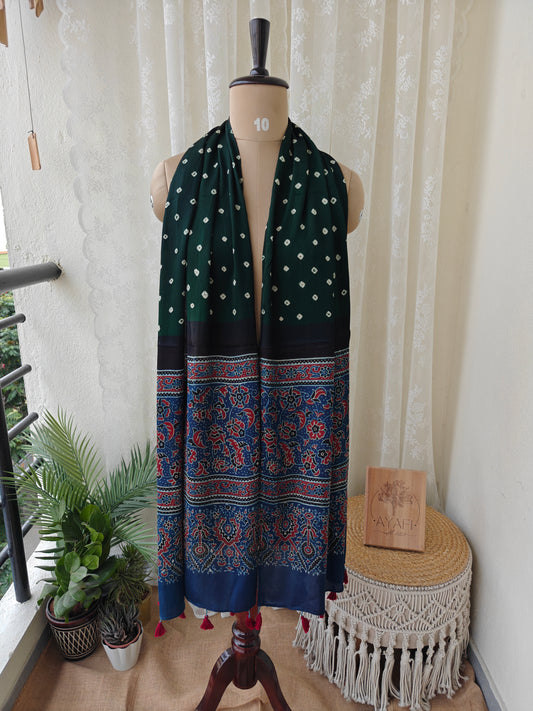 Green-Indigo Handblock Printed Modal Bandhani-Ajrakh Stole