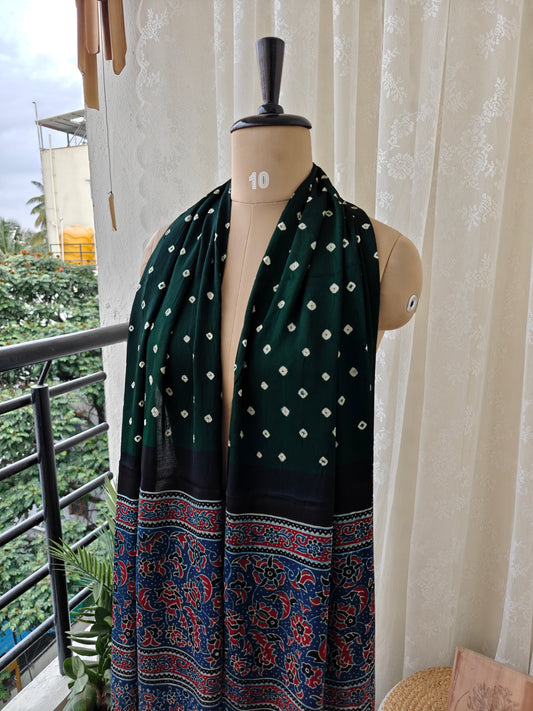 Green-Indigo Handblock Printed Modal Bandhani-Ajrakh Stole
