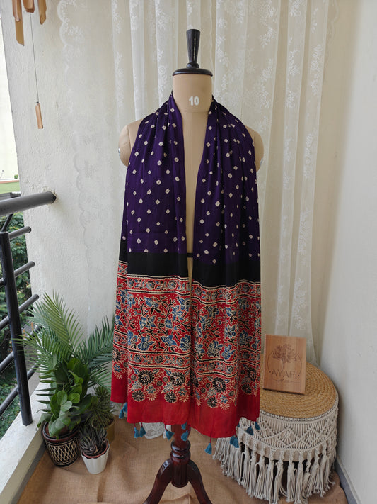 Violet-Red Handblock Printed Modal Bandhani-Ajrakh Stole