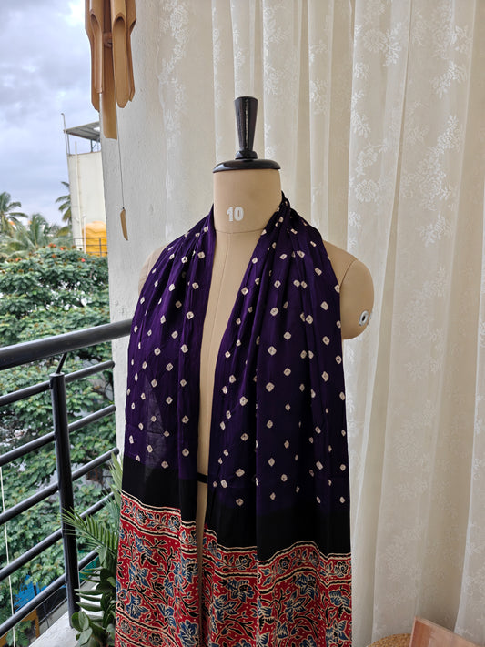 Violet-Red Handblock Printed Modal Bandhani-Ajrakh Stole