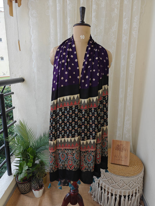 Violet-Black Handblock Printed Modal Bandhani-Ajrakh Stole