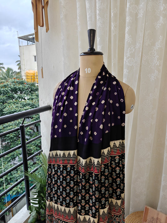 Violet-Black Handblock Printed Modal Bandhani-Ajrakh Stole