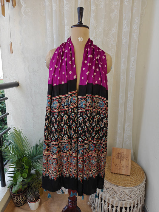 Berry-Black Handblock Printed Modal Bandhani-Ajrakh Stole