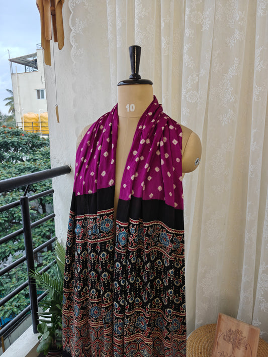 Berry-Black Handblock Printed Modal Bandhani-Ajrakh Stole