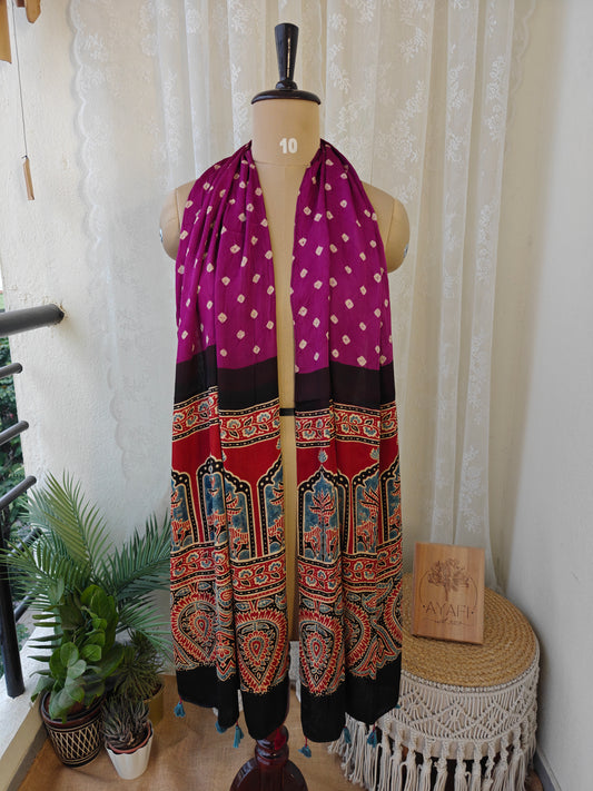 Berry-Red Handblock Printed Modal Bandhani-Ajrakh Stole