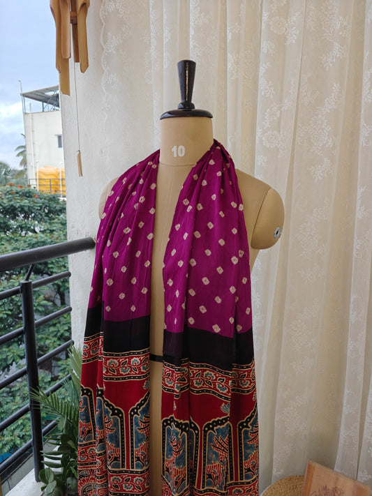 Berry-Red Handblock Printed Modal Bandhani-Ajrakh Stole