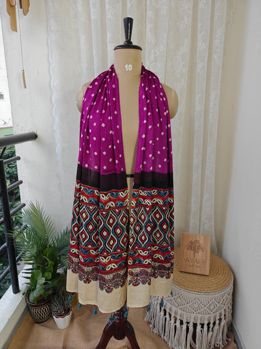 Berry-Beige Handblock Printed Modal Bandhani-Ajrakh Stole