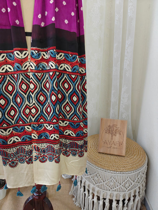 Berry-Beige Handblock Printed Modal Bandhani-Ajrakh Stole