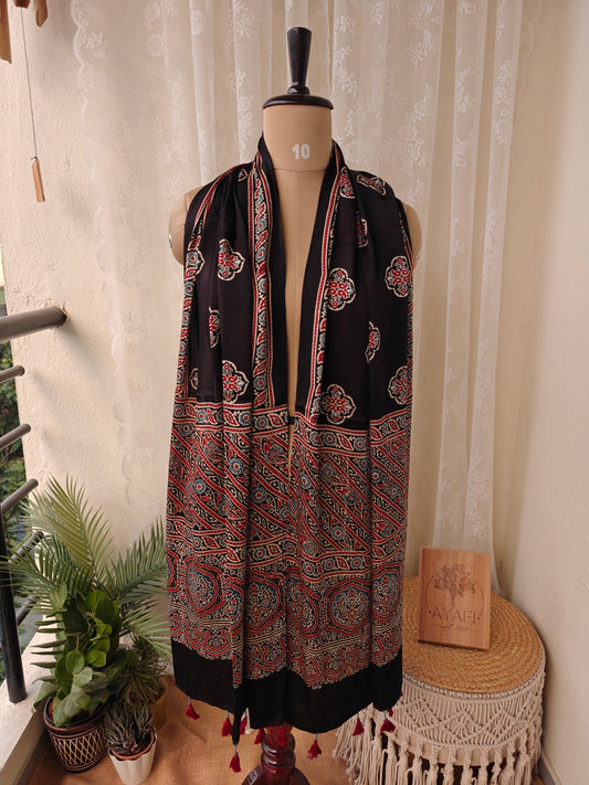 Black Handblock Printed Modal Ajrakh Stole