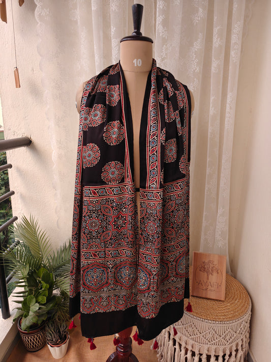 Black Handblock Printed Modal Ajrakh Stole