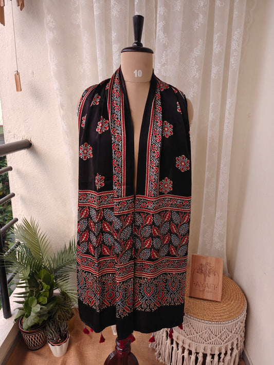 Black Handblock Printed Modal Ajrakh Stole