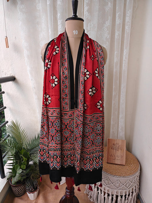 Red Handblock Printed Modal Ajrakh Stole