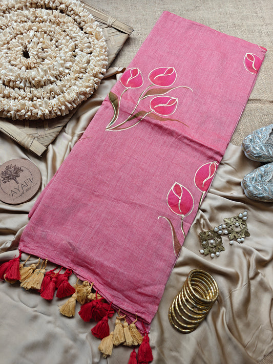 Pinkish Peach Tulip Bouquet Hand-Painted Saree