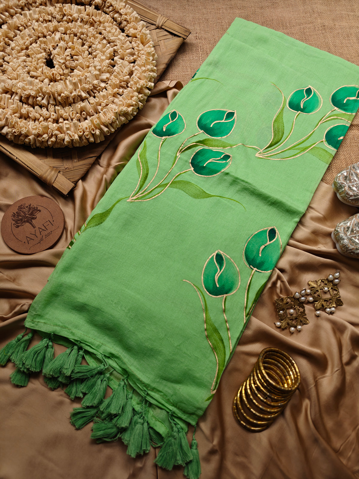 Mint Tulip Bouquet Hand-Painted Saree