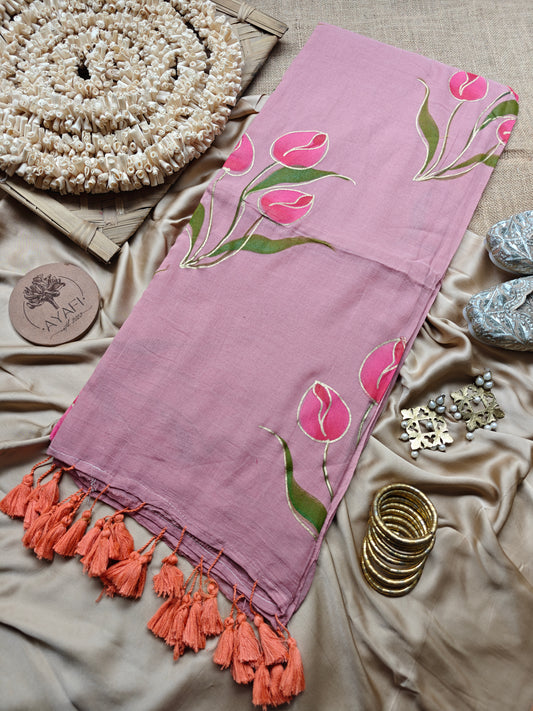 Light Mauve Tulip Bouquet Hand-Painted Saree