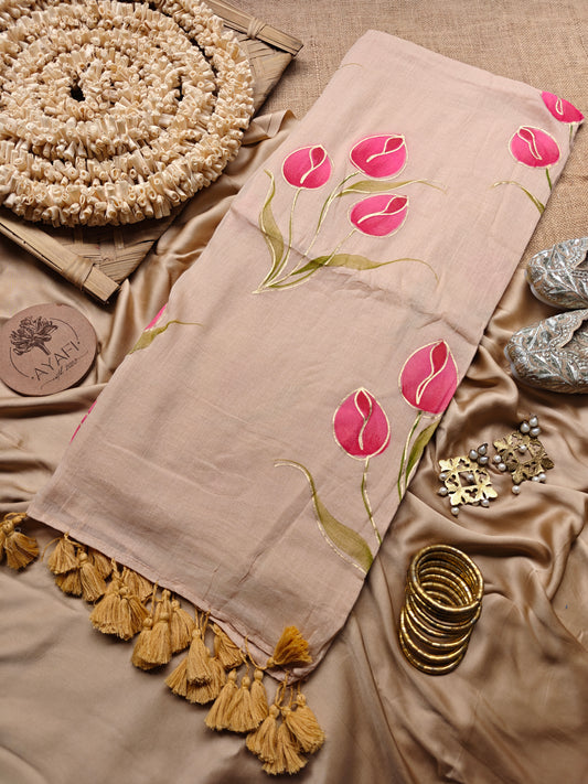 Light Tawny Tulip Bouquet Hand-Painted Saree