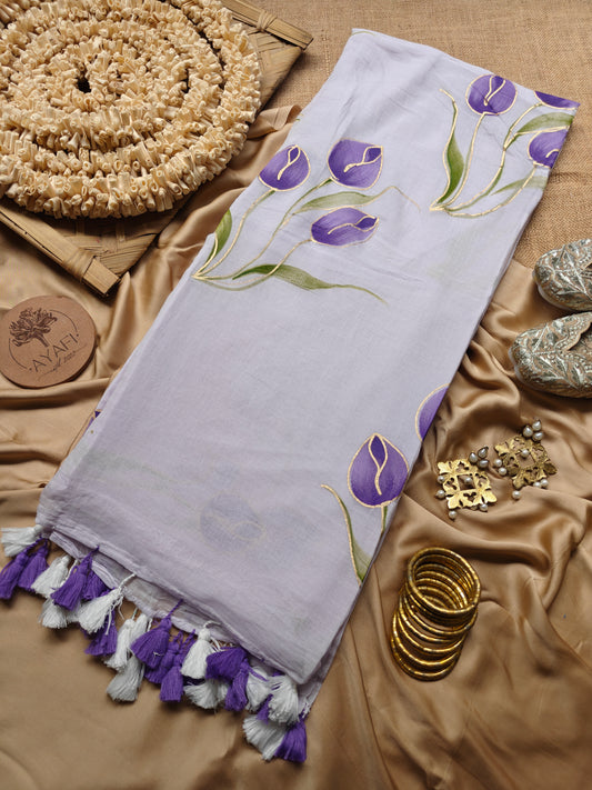 Lilac Tulip Bouquet Hand-Painted Saree