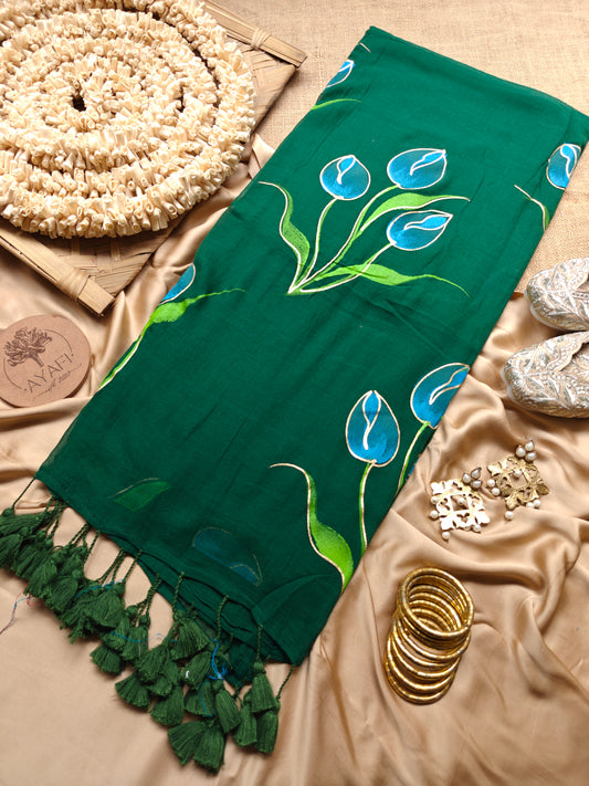 Dark Green Tulip Bouquet Hand-Painted Saree