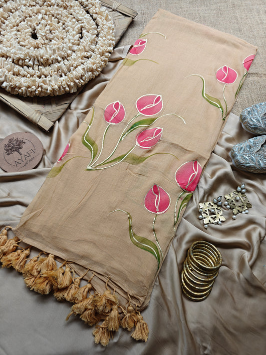 Biscuit Tulip Bouquet Hand-Painted Saree