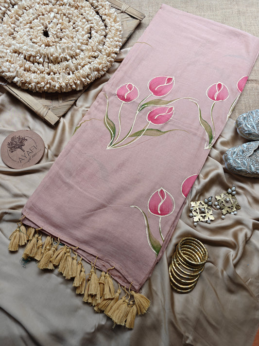 Deep Cinnamon Tulip Bouquet Hand-Painted Saree