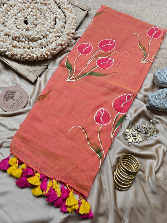 Peachy Tulip Bouquet Hand-Painted Saree