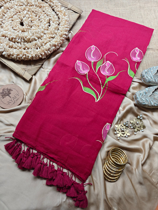 Carmine Tulip Bouquet Hand-Painted Saree
