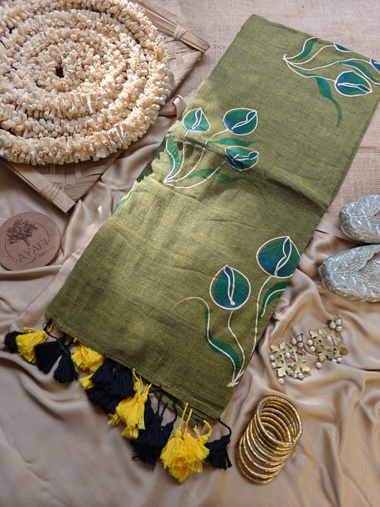 Moss Green Tulip Bouquet Hand-Painted Saree