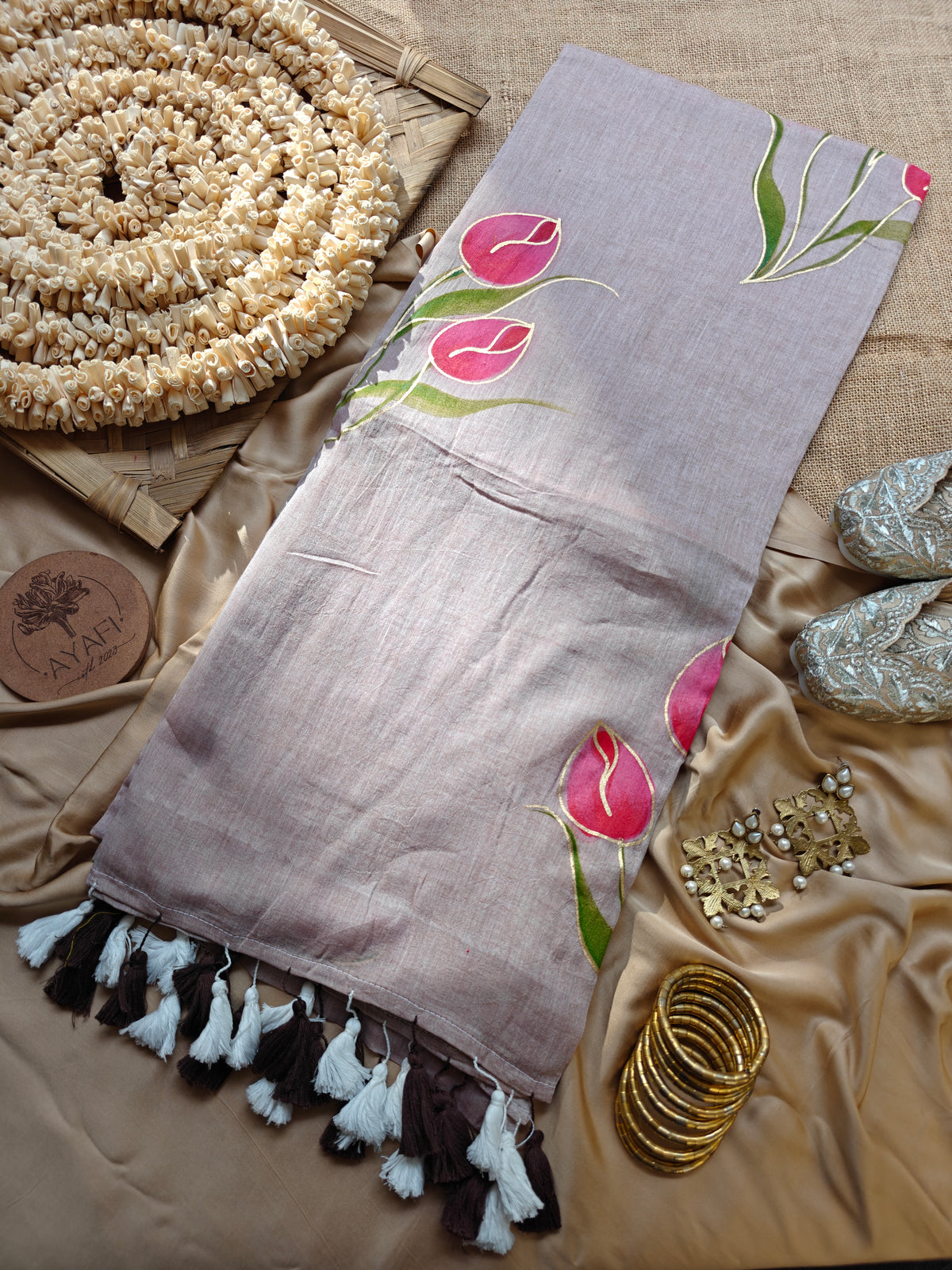 Cinnamon Tulip Bouquet Hand-Painted Saree