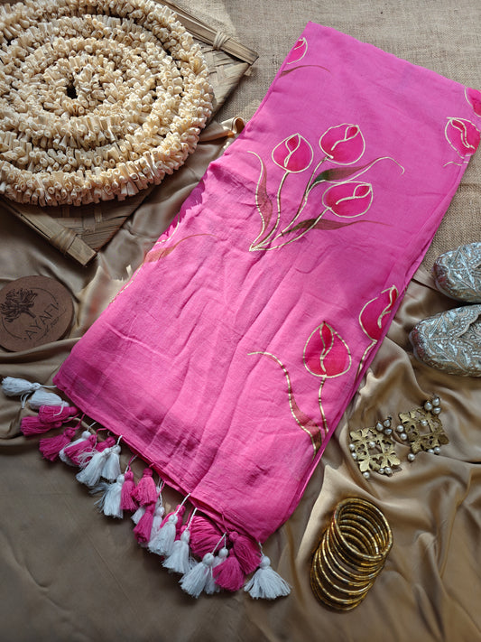 Hot Pink Tulip Bouquet Hand-Painted Saree