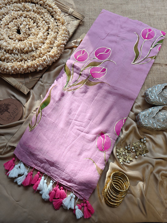 Baby Pink Tulip Bouquet Hand-Painted Saree