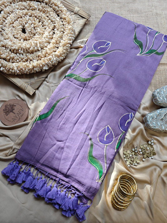 Dusty Pruple Tulip Bouquet Hand-Painted Saree