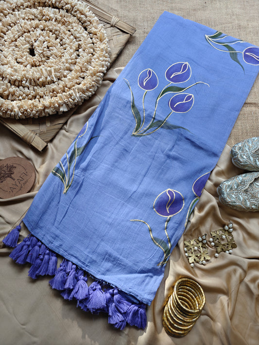 Lavender Tulip Bouquet Hand-Painted Saree