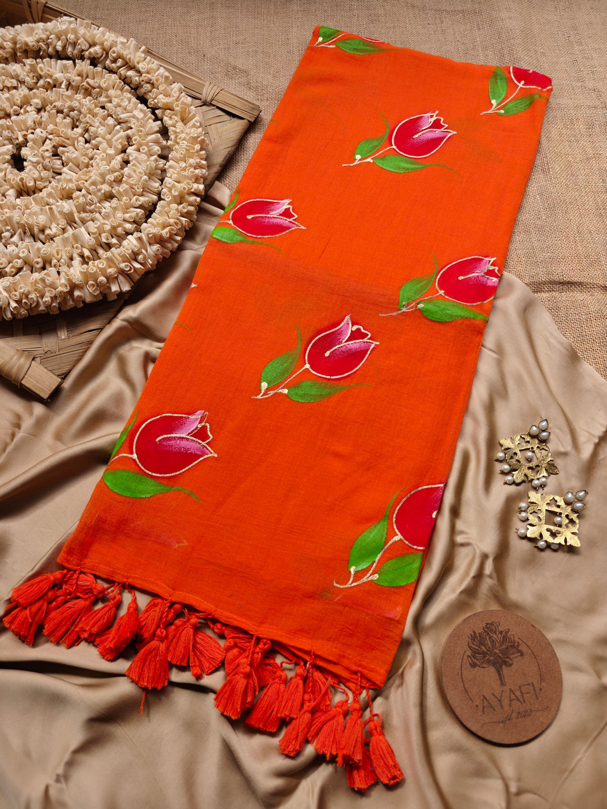 Orange Tulip Hand-Painted Saree