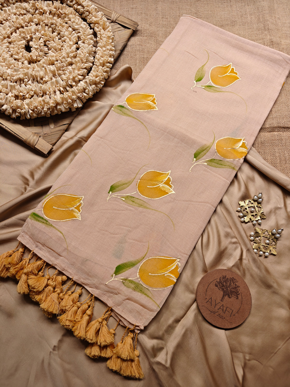 Pastel Apricot Yellow Tulip Hand-Painted Saree