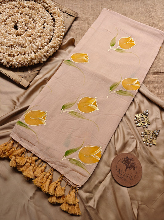 Pastel Apricot Yellow Tulip Hand-Painted Saree