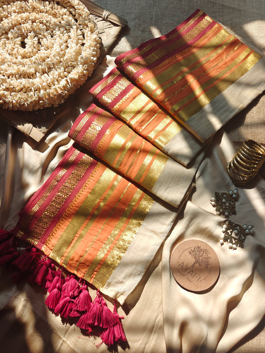 MADHU - Multicolored Striped Zari Border Cream MulMul Cotton Saree