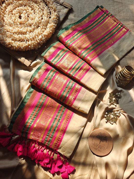 VANYA - Multicolored Kasav Temple Zari Cream MulMul Cotton Saree
