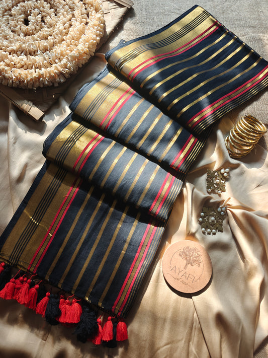 AAROHI - Multicolored Striped Zari Black MulMul Cotton Saree