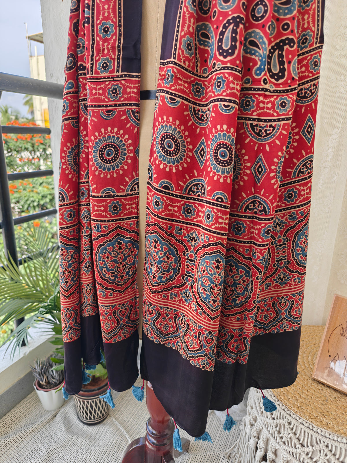 Red Handblock Printed Modal Ajrakh Stole