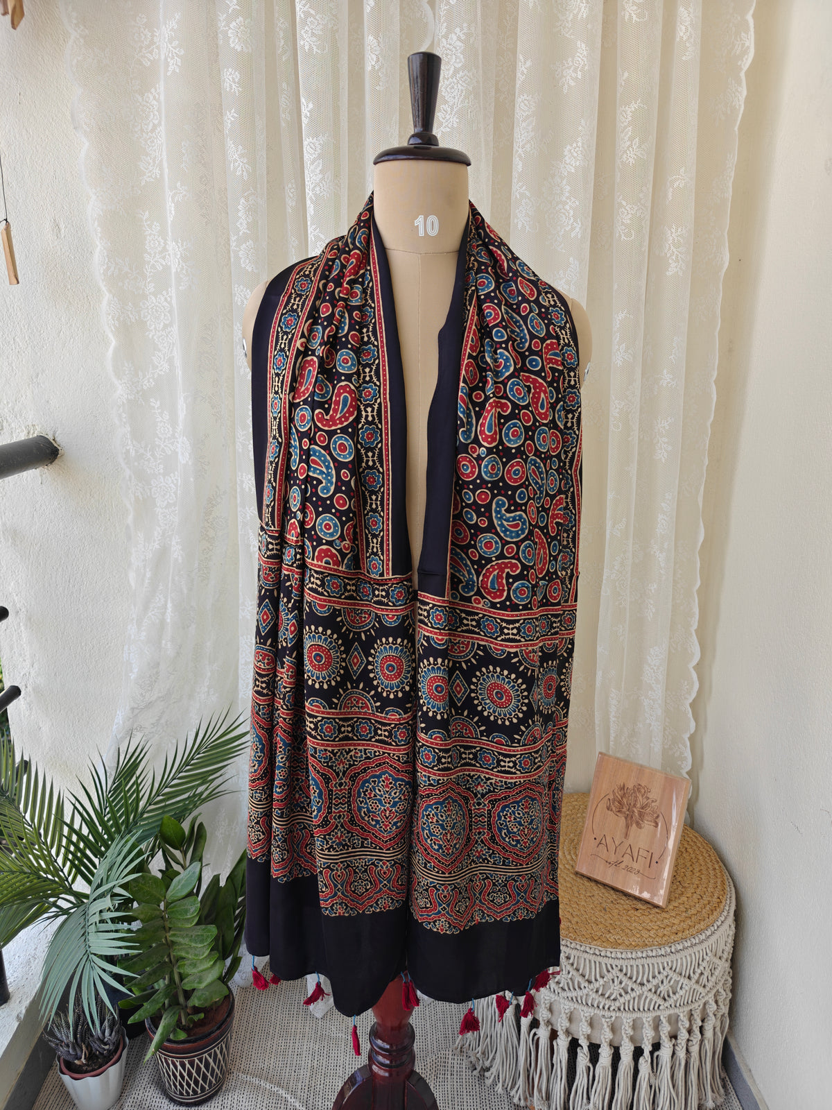 Black Handblock Printed Modal Ajrakh Stole