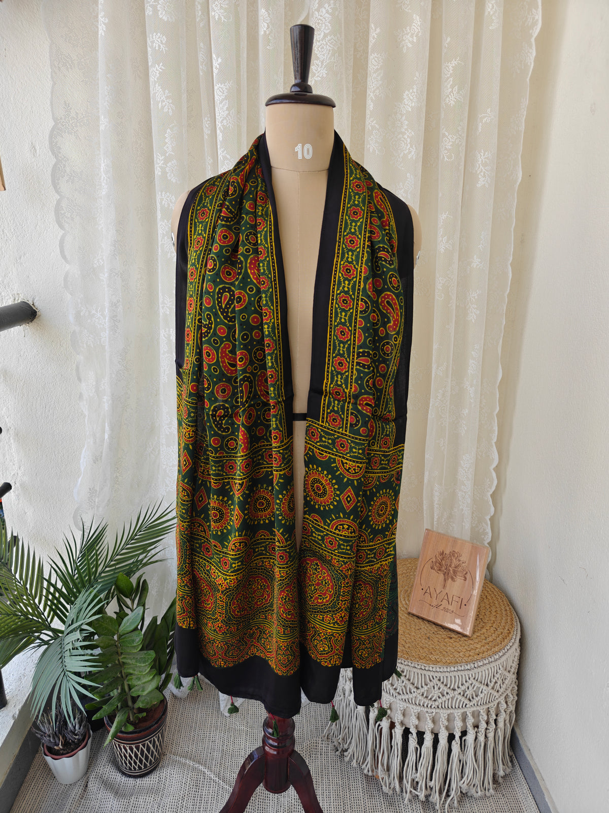Green Handblock Printed Modal Ajrakh Stole