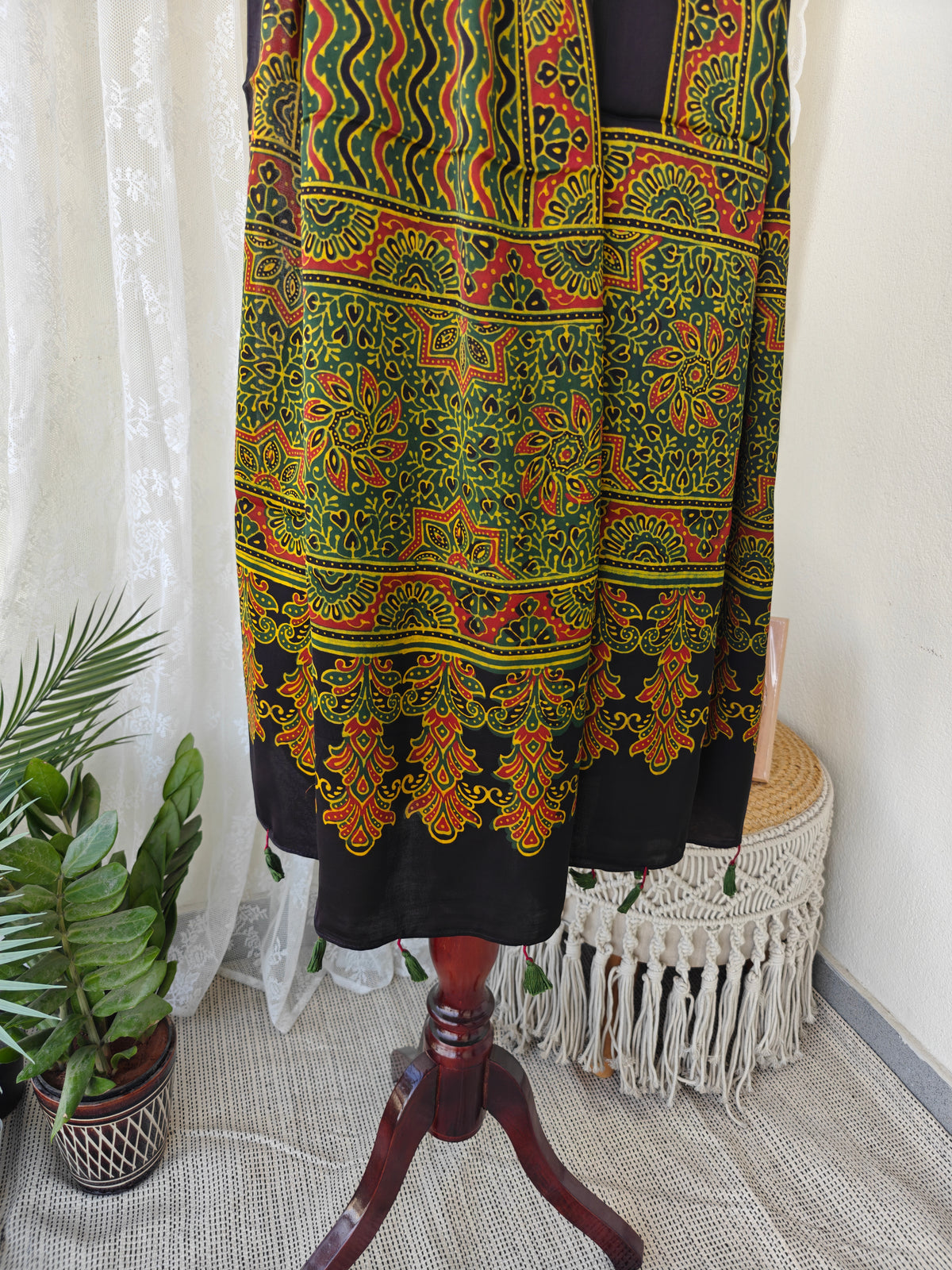 Green Handblock Printed Modal Ajrakh Stole