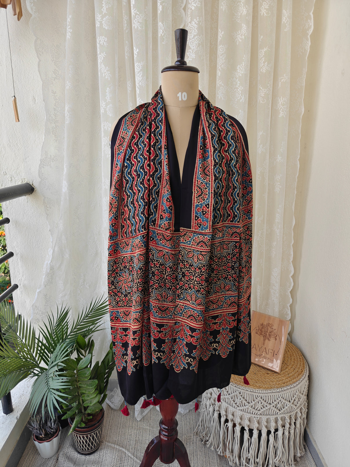 Black Handblock Printed Modal Ajrakh Stole
