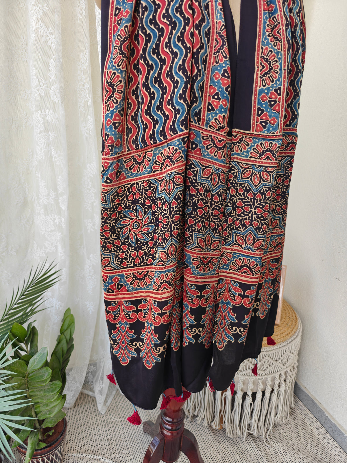 Black Handblock Printed Modal Ajrakh Stole