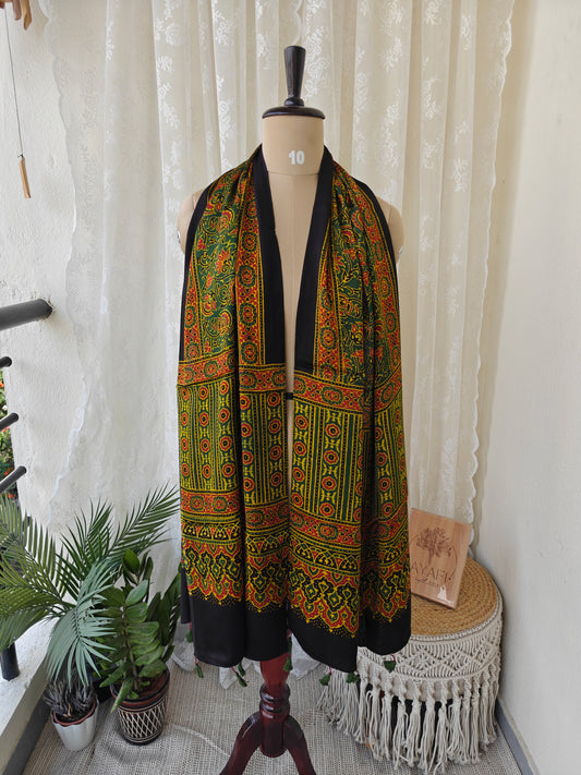 Green Handblock Printed Modal Ajrakh Stole