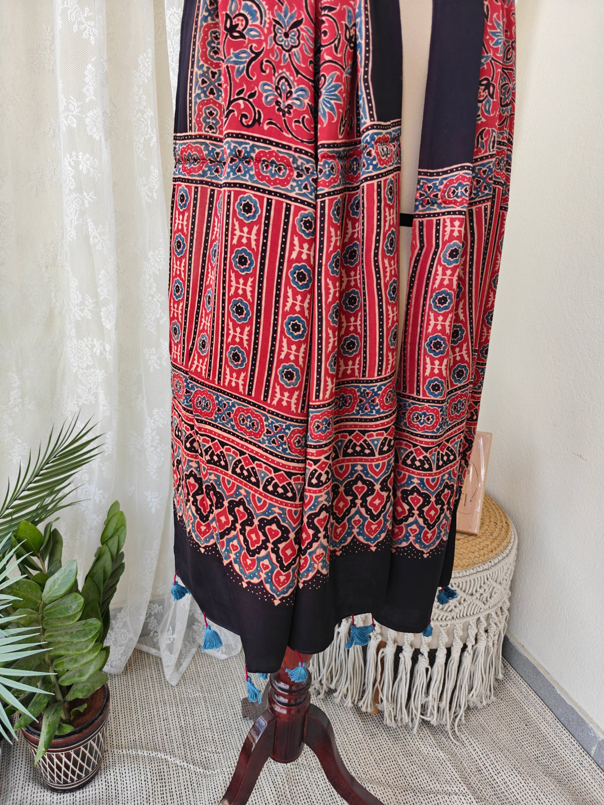 Red Handblock Printed Modal Ajrakh Stole