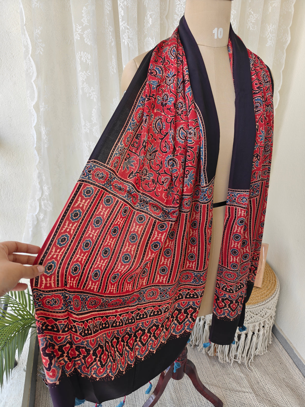 Red Handblock Printed Modal Ajrakh Stole